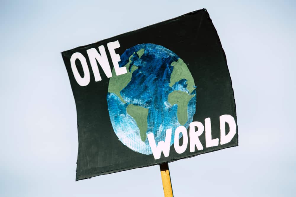 A protest sign that reads “One World” and has an image of the globe