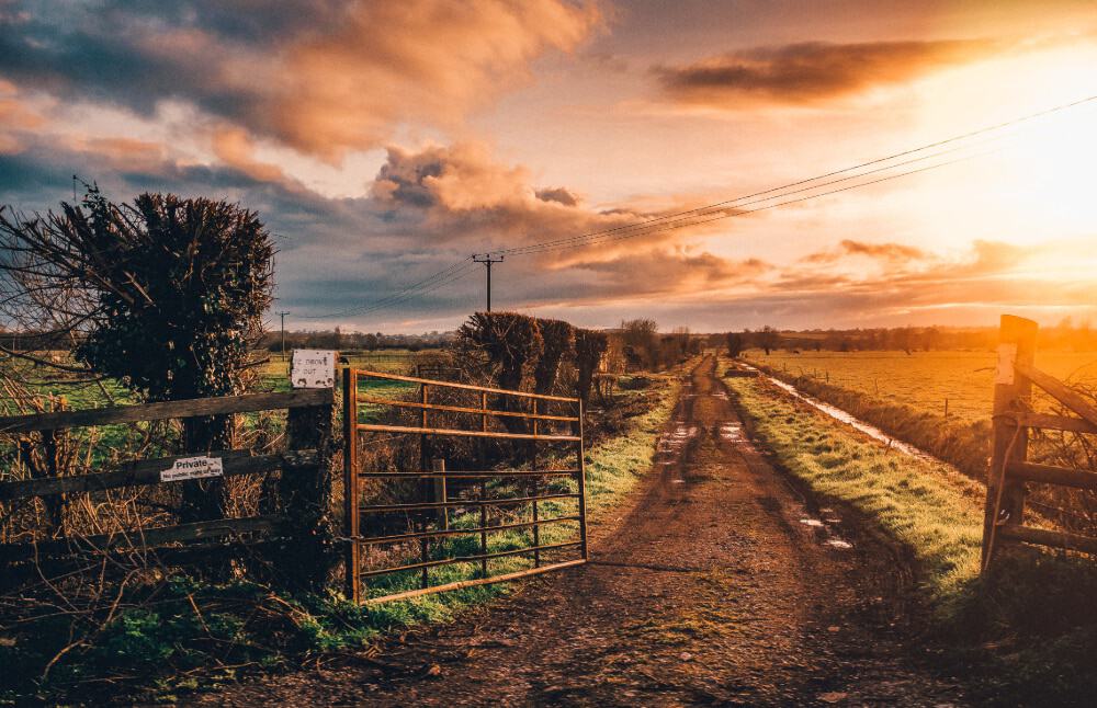 A gate left open on a rural farm track