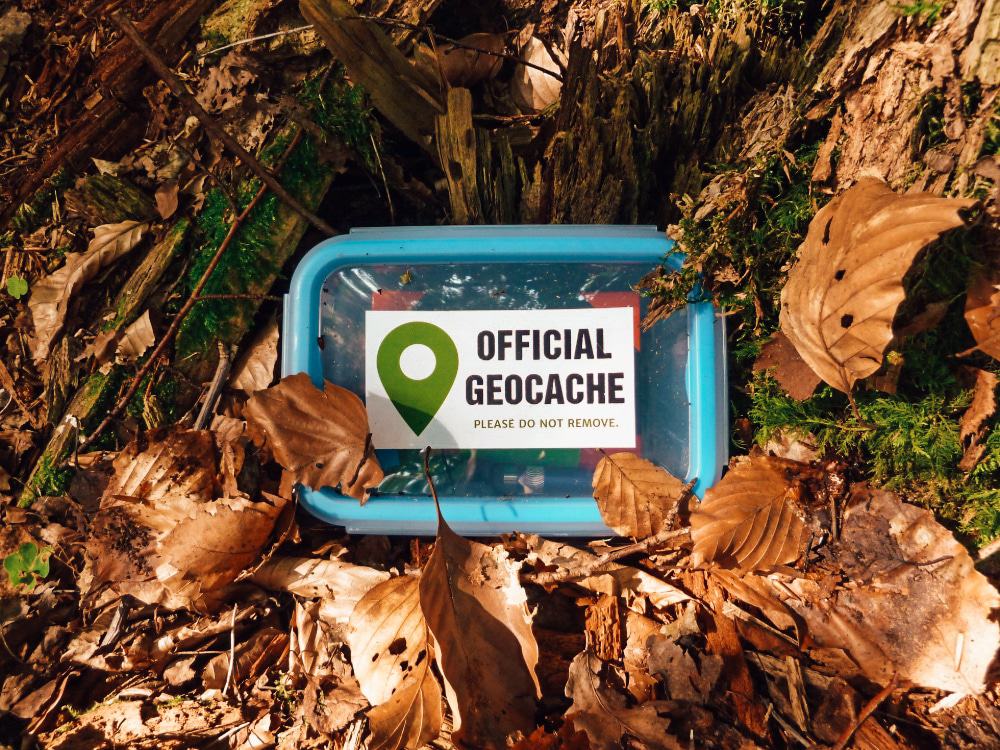 A blue, resealable box with a sticker reading “Official Geocache”