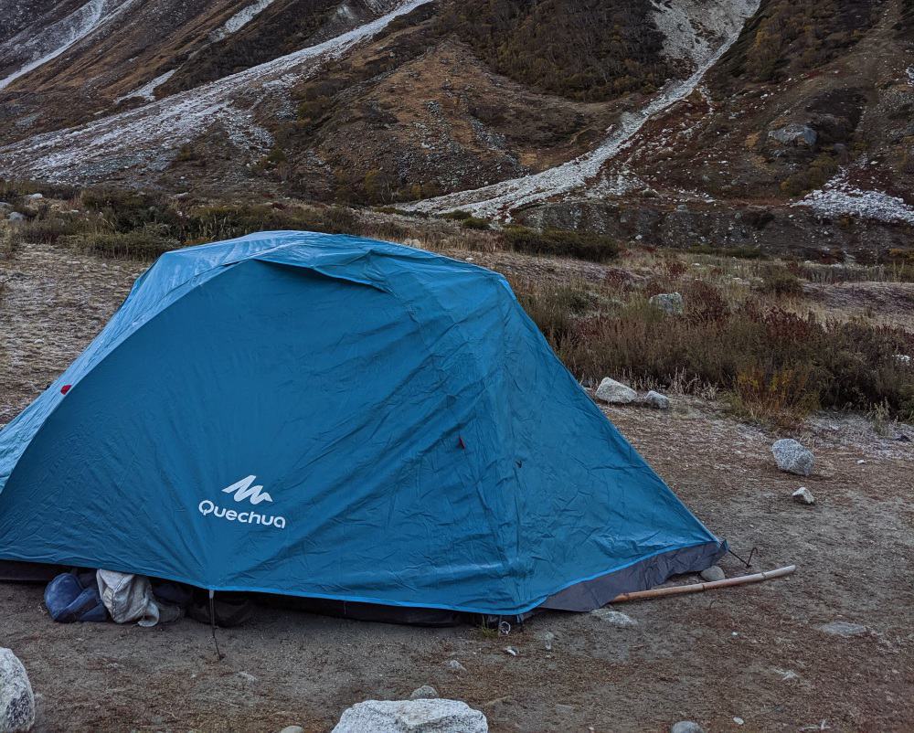 Quechua Instant tent pitched in a mountain environment